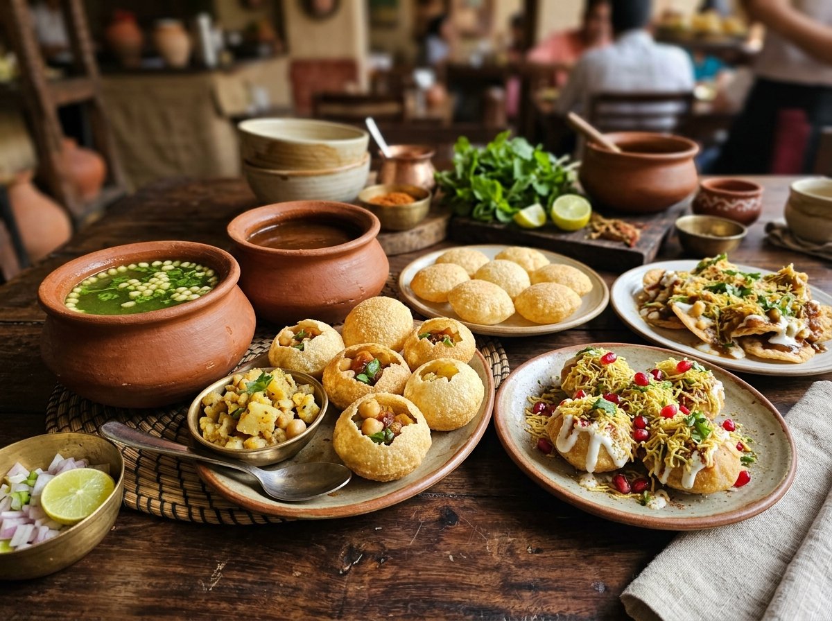 Crispy hollow Pani Puri with spiced potato chickpea filling, spicy mint water, sweet tamarind chutney, and Dahi Puri at Plames Indian Grill in Middletown Delaware