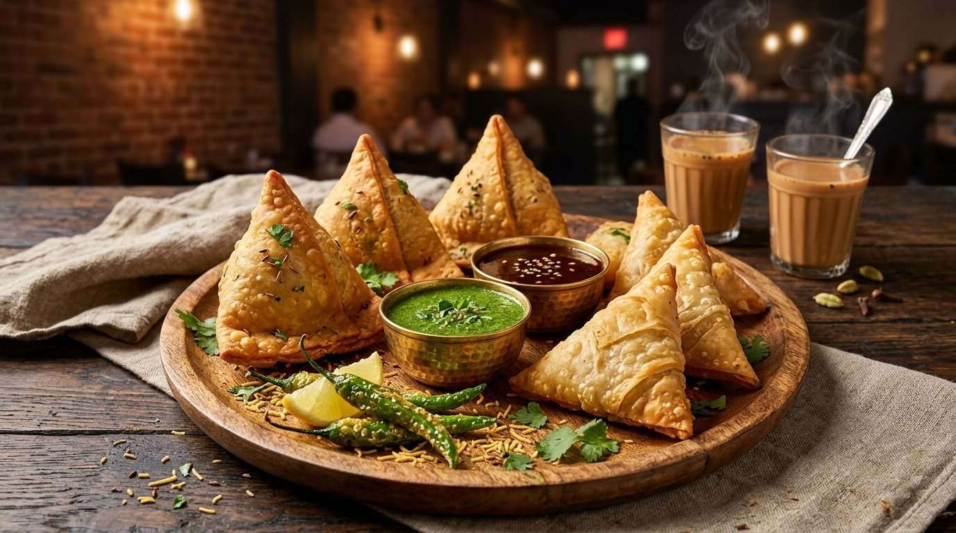 Authentic Punjabi potato samosas and crispy onion samosas served with mint and tamarind chutneys and hot masala chai at Plames Indian Grill in Middletown Delaware