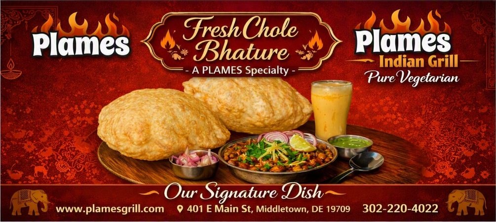 Fresh Chole Bhature signature dish at Plames Indian Grill in Middletown Delaware with fluffy puffed bhature and spiced chickpea curry