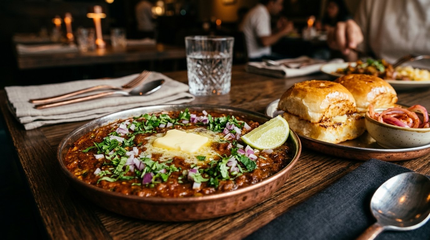 Signature Mumbai Pav Bhaji with melting butter and toasted pav buns served at Plames Indian Grill in Middletown Delaware