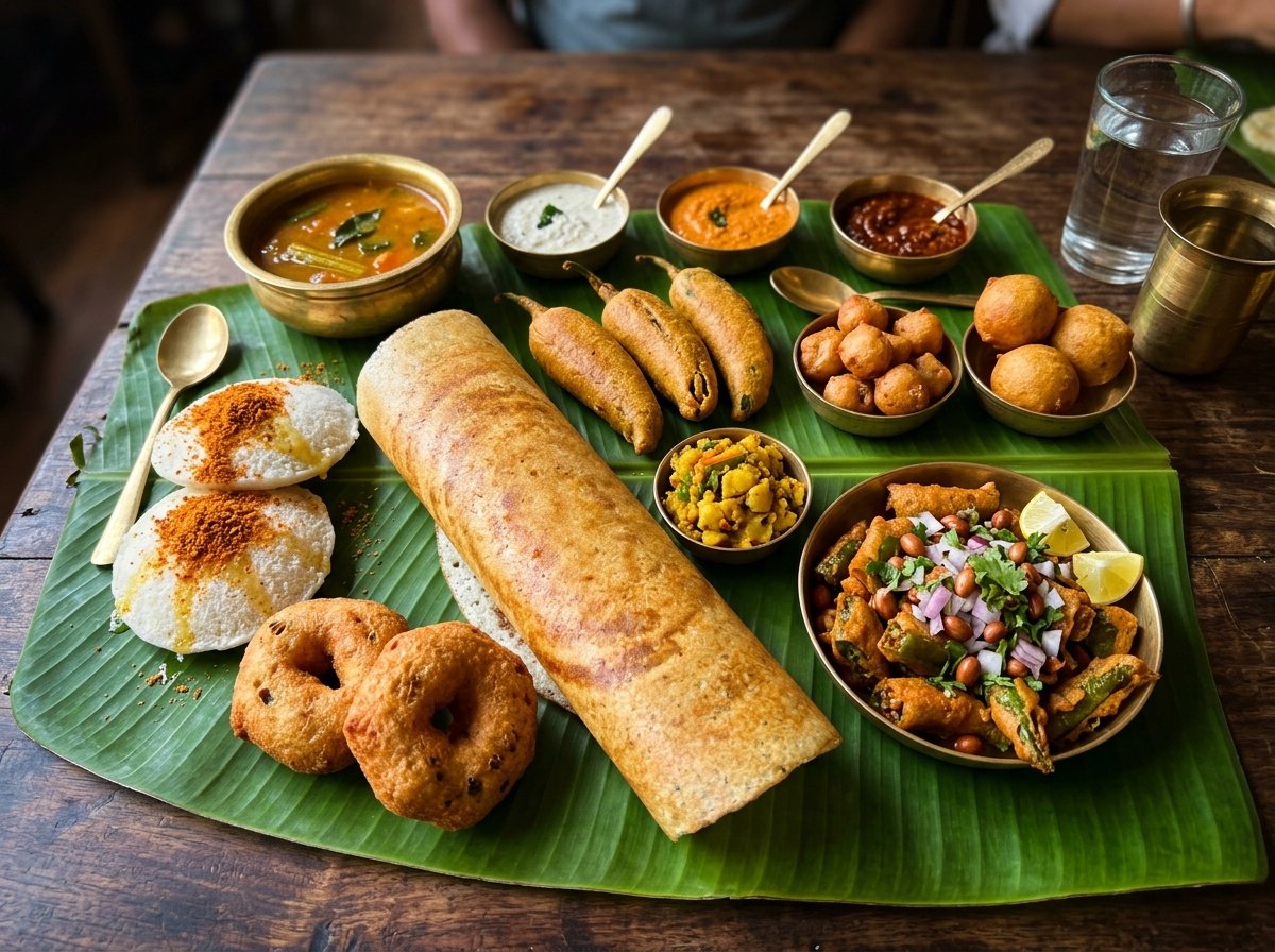 Authentic South Indian tiffins on banana leaf with crispy Masala Dosa, steamed Idli with podi ghee, Medu Vada, Andhra Mirchi Bajji, Cut Mirchi, Punugulu, and Mysore Bonda with chutneys and sambar at Plames Indian Grill in Middletown Delaware