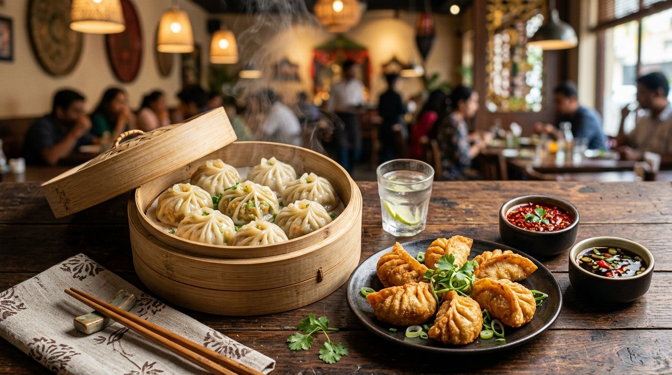 Steamed veg momos in bamboo basket and crispy fried dumplings with spicy red chili chutney at Plames Indian Grill in Middletown Delaware
